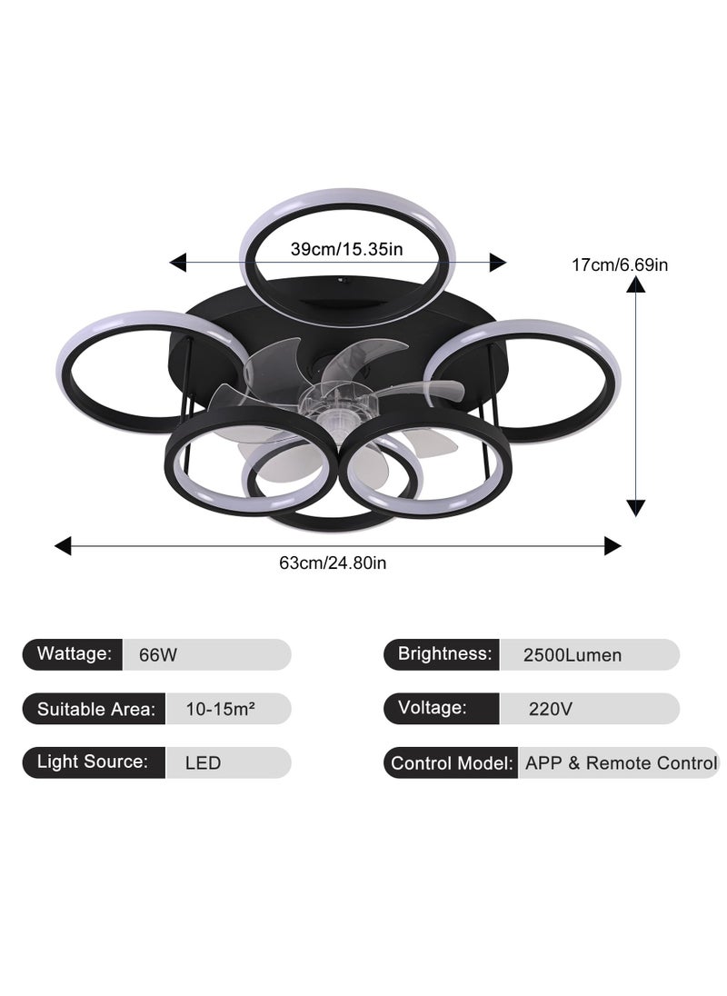 Ganeed Modern LED Dimmable Bladeless Ceiling Fans with Lights, 66W Black 6-Rings 63cm Reversible 6-Speed Ceiling Fan Lamp Flush Mount Lighting Fixture with Remote for Living Room, Dining Room, Office  - Image 2