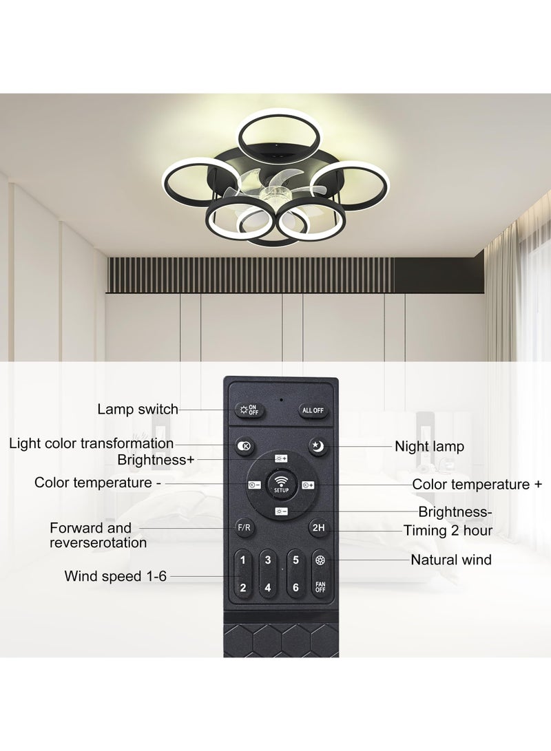 Modern LED Dimmable Bladeless Ceiling Fans with Lights, 66W Black 6-Rings 63cm Reversible 6-Speed Ceiling Fan Lamp Flush Mount Lighting Fixture with Remote for Living Room, Dining Room, Office