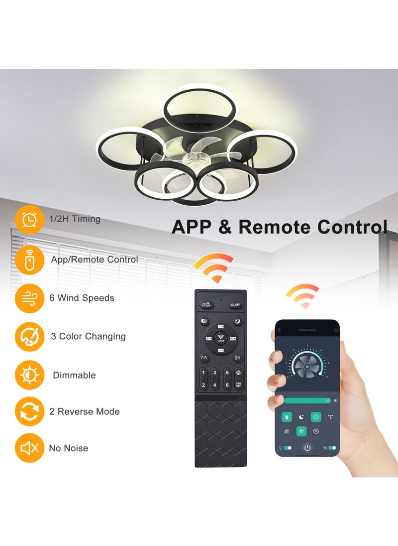 Ganeed Modern LED Dimmable Bladeless Ceiling Fans with Lights, 66W Black 6-Rings 63cm Reversible 6-Speed Ceiling Fan Lamp Flush Mount Lighting Fixture with Remote for Living Room, Dining Room, Office  - Image 4