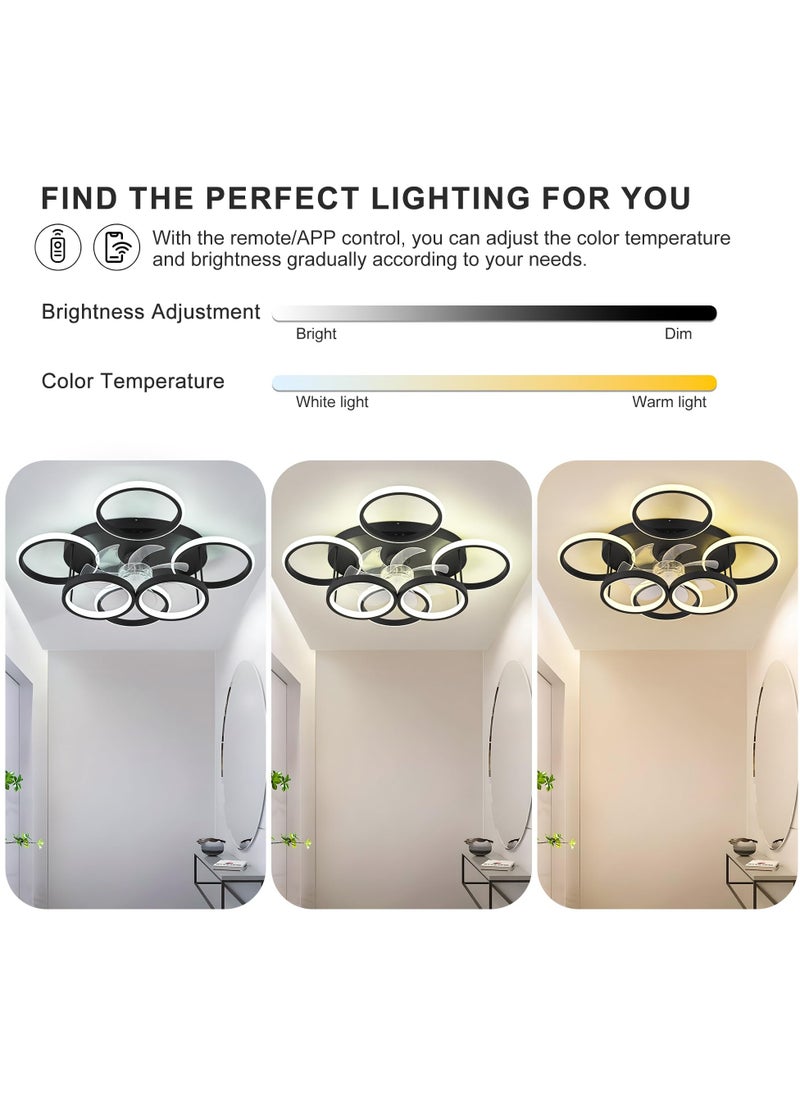 Ganeed Modern LED Dimmable Bladeless Ceiling Fans with Lights, 66W Black 6-Rings 63cm Reversible 6-Speed Ceiling Fan Lamp Flush Mount Lighting Fixture with Remote for Living Room, Dining Room, Office  - Image 3