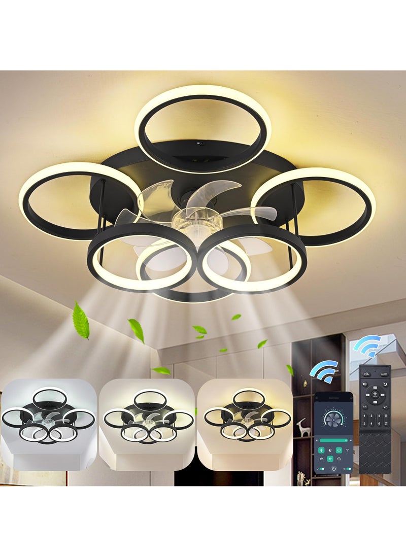Ganeed Modern LED Dimmable Bladeless Ceiling Fans with Lights, 66W Black 6-Rings 63cm Reversible 6-Speed Ceiling Fan Lamp Flush Mount Lighting Fixture with Remote for Living Room, Dining Room, Office  - Image 1