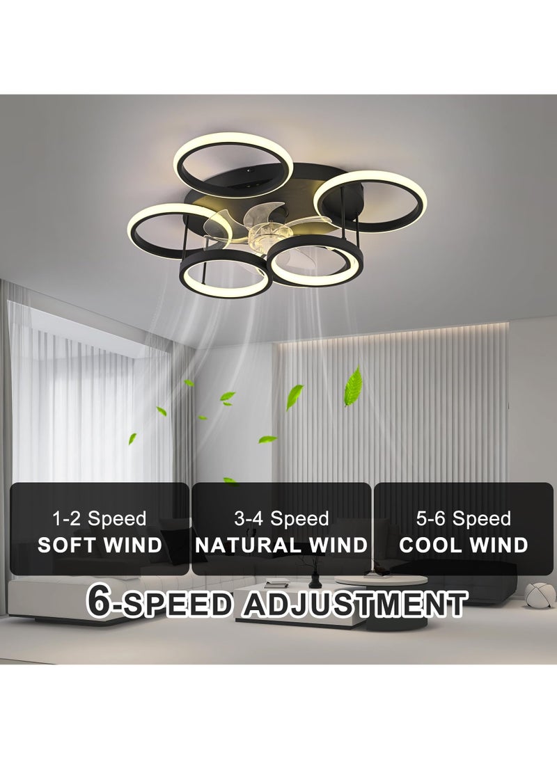 Modern LED Dimmable Bladeless Ceiling Fans with Lights, 66W Black 6-Rings 63cm Reversible 6-Speed Ceiling Fan Lamp Flush Mount Lighting Fixture with Remote for Living Room, Dining Room, Office