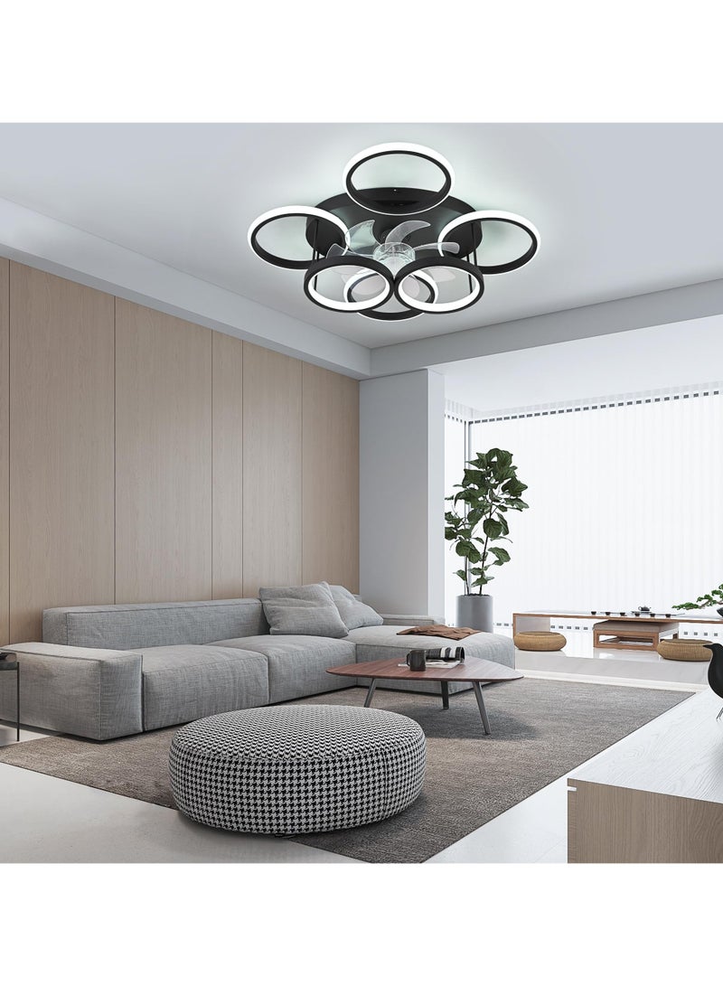 Modern LED Dimmable Bladeless Ceiling Fans with Lights, 66W Black 6-Rings 63cm Reversible 6-Speed Ceiling Fan Lamp Flush Mount Lighting Fixture with Remote for Living Room, Dining Room, Office