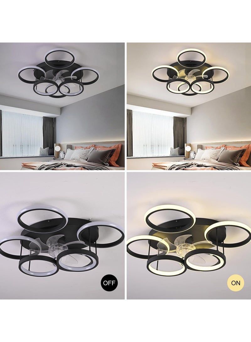 Modern LED Dimmable Bladeless Ceiling Fans with Lights, 66W Black 6-Rings 63cm Reversible 6-Speed Ceiling Fan Lamp Flush Mount Lighting Fixture with Remote for Living Room, Dining Room, Office