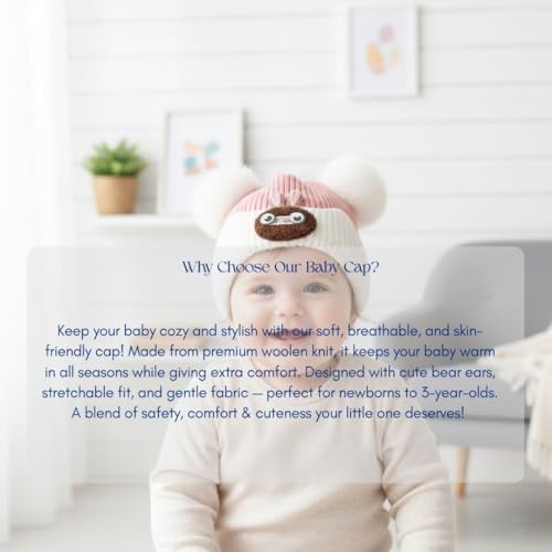 Mee Trend Baby Woolen Winter Cap for Boys & Girls | Soft Knitted Warm Beanie Hat with Cute Ears & Bunny Design | Premium Wool Cap for Infants & Toddlers (Pinkk-Beige(6 to 18 Months)) - Image 2