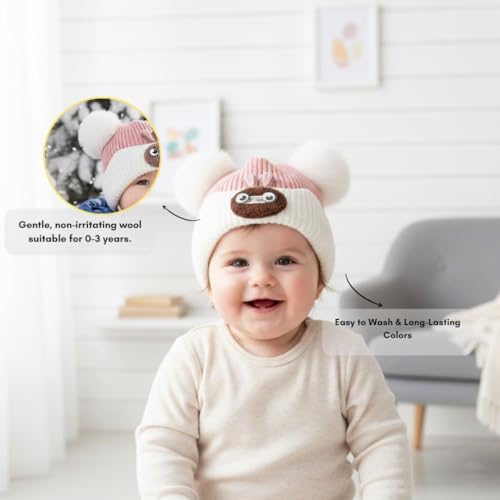 Mee Trend Baby Woolen Winter Cap for Boys & Girls | Soft Knitted Warm Beanie Hat with Cute Ears & Bunny Design | Premium Wool Cap for Infants & Toddlers (Pinkk-Beige(6 to 18 Months)) - Image 3