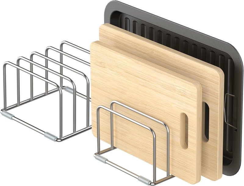 KORRTFID Cutting Board Holder Stand, Chopping Board Storage Rack, Cutting Board Organizer, 304 Stainless Steel Chopping Board Holder, Cookie Sheets Organizer 1.0+1.2 Inch Width Slots (2 PCS) - Image 1