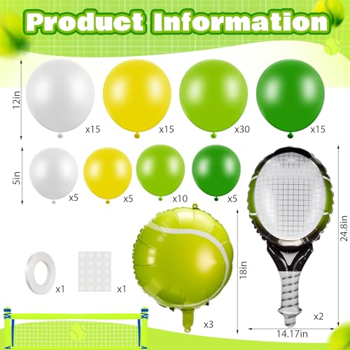 LaRandom 108 Pcs Tennis Party Decorations Tennis Balloon Arch Garland Kit White Green Yellow Foil Latex Balloons for Sports Themed Birthday Women Men Party Decorations Supplies - Image 5