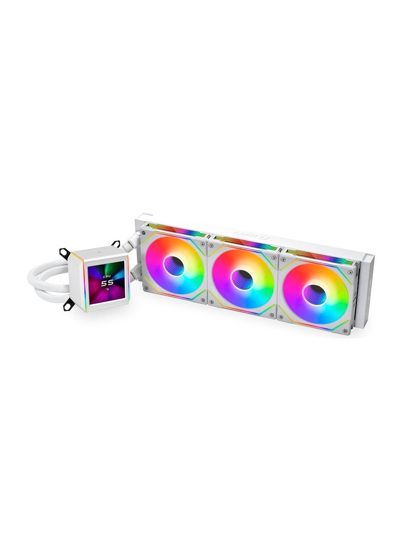 LIAN LI - Galahad II LCD 360 AIO CPU Liquid Cooler with 120mm SL Infinity Fans, 2.88” IPS LCD Screen, Asetek 8th Gen 3600 rpm Pump, 2450 RPM Fan Speed, 79.9 CFM Airflow, White | G89.GA2ALCD36INW.00 - Image 1