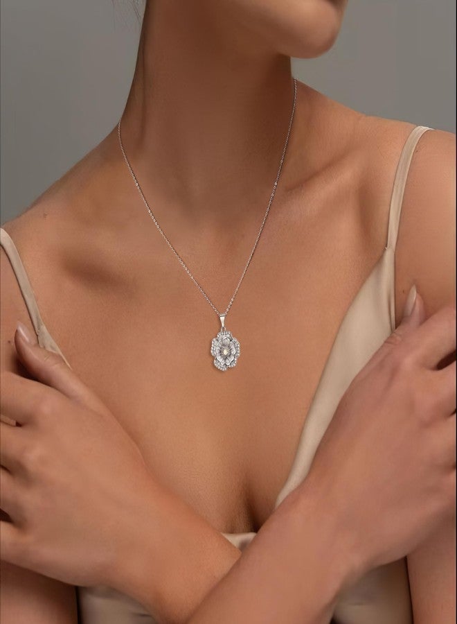 بريلوف طقم قلادة وأقراط من بريلوف بتصميم زهرة الورد للنساء، مرصع بأحجار الراين اللامعة والمينا، مجوهرات أنيقة لحفلات التخرج والمناسبات الرسمية، لون فضي شفاف - Image 3