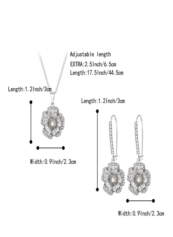 بريلوف طقم قلادة وأقراط من بريلوف بتصميم زهرة الورد للنساء، مرصع بأحجار الراين اللامعة والمينا، مجوهرات أنيقة لحفلات التخرج والمناسبات الرسمية، لون فضي شفاف - Image 5