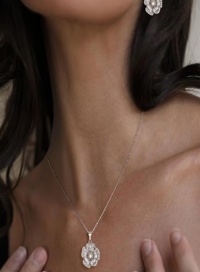 بريلوف طقم قلادة وأقراط من بريلوف بتصميم زهرة الورد للنساء، مرصع بأحجار الراين اللامعة والمينا، مجوهرات أنيقة لحفلات التخرج والمناسبات الرسمية، لون فضي شفاف - Image 4