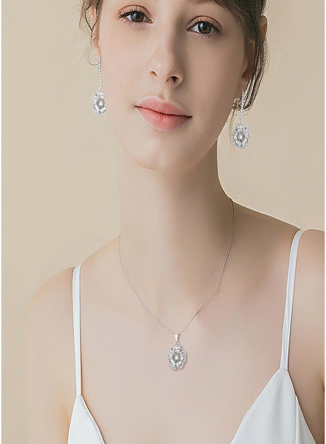 بريلوف طقم قلادة وأقراط من بريلوف بتصميم زهرة الورد للنساء، مرصع بأحجار الراين اللامعة والمينا، مجوهرات أنيقة لحفلات التخرج والمناسبات الرسمية، لون فضي شفاف - Image 2