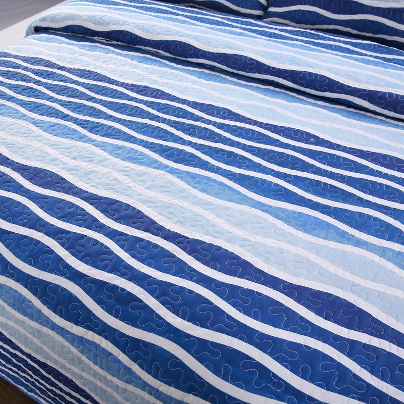 SLPR Blue Wave 3-Piece Quilt Set - Queen Size with 2 Shams, Coastal Beach House Bedding with Nautical Wave Design, Summer Ocean Quilted Bedspread in Beachy Theme - Image 5