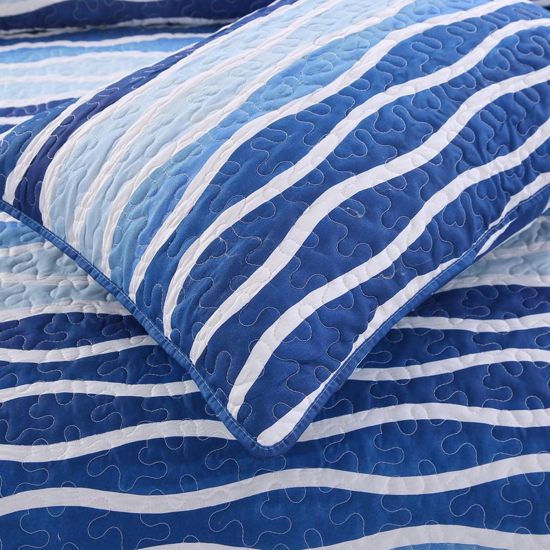 SLPR Blue Wave 3-Piece Quilt Set - Queen Size with 2 Shams, Coastal Beach House Bedding with Nautical Wave Design, Summer Ocean Quilted Bedspread in Beachy Theme - Image 3