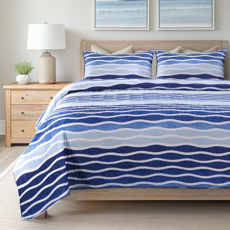SLPR Blue Wave 3-Piece Quilt Set - Queen Size with 2 Shams, Coastal Beach House Bedding with Nautical Wave Design, Summer Ocean Quilted Bedspread in Beachy Theme - Image 1