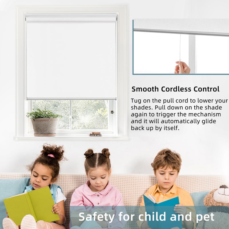 ChrisDowa Cordless 100% Blackout Roller Shade Thermal Insulated UV Protection with Striped Jacquard Fabric White Blackout Blinds for Indoor Window Shades Pull Down for Home and Office, 22" W x 72" H - Image 4