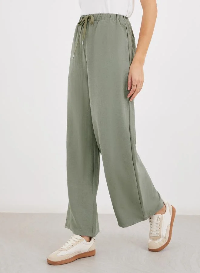 Styli Styli Women Khaki Solid Drawstring Waist Wide Leg Pants