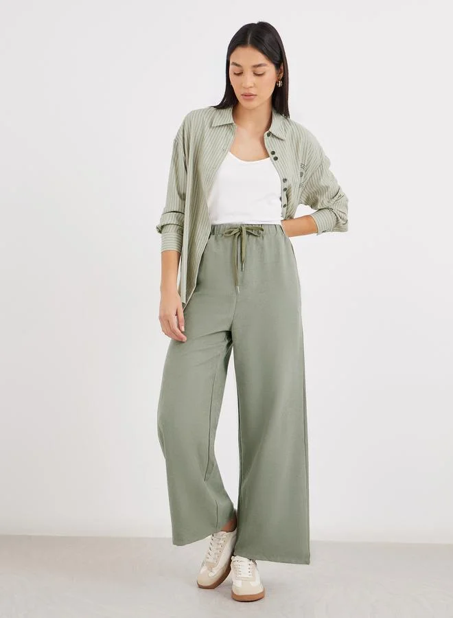 Styli Styli Women Khaki Solid Drawstring Waist Wide Leg Pants