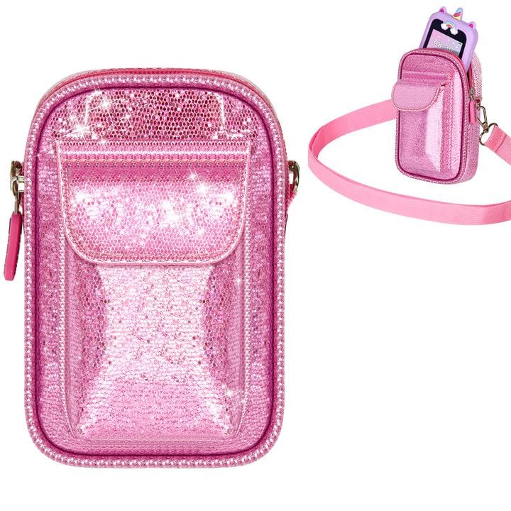 Tanmqin Kids Smart Phone for Girls Universal Bag for Luyiilo/for Luoba/for Yosfeng/for WEOLULI and More, Glitter Powder Bag with Removable Shoulder Strap Fits Toddler Phone/Data Cables/SD Cards - Pink - Image 1