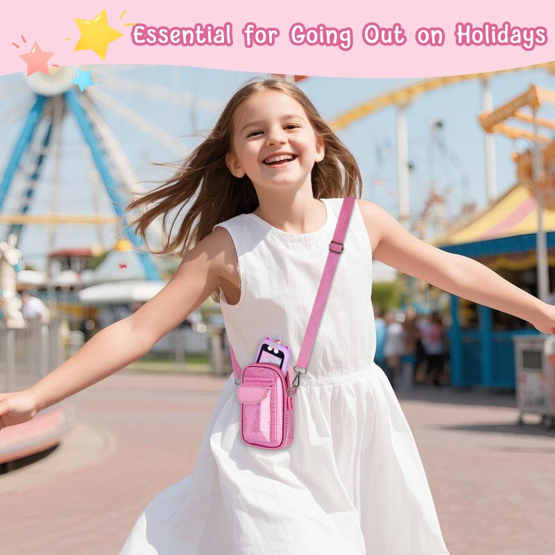 Tanmqin Kids Smart Phone for Girls Universal Bag for Luyiilo/for Luoba/for Yosfeng/for WEOLULI and More, Glitter Powder Bag with Removable Shoulder Strap Fits Toddler Phone/Data Cables/SD Cards - Pink - Image 3