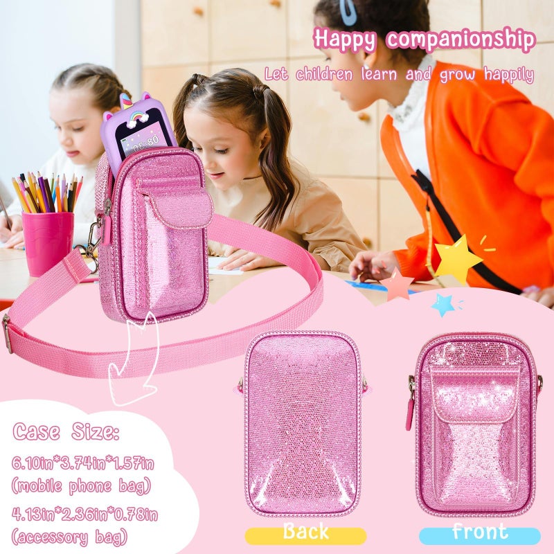 Tanmqin Kids Smart Phone for Girls Universal Bag for Luyiilo/for Luoba/for Yosfeng/for WEOLULI and More, Glitter Powder Bag with Removable Shoulder Strap Fits Toddler Phone/Data Cables/SD Cards - Pink - Image 5