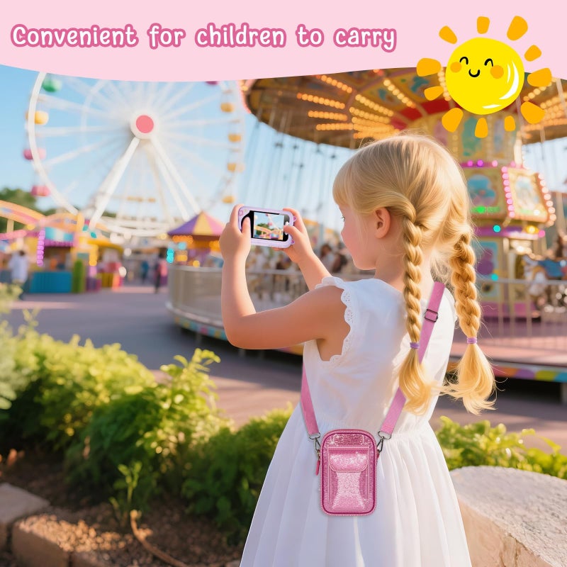 Tanmqin Kids Smart Phone for Girls Universal Bag for Luyiilo/for Luoba/for Yosfeng/for WEOLULI and More, Glitter Powder Bag with Removable Shoulder Strap Fits Toddler Phone/Data Cables/SD Cards - Pink - Image 2