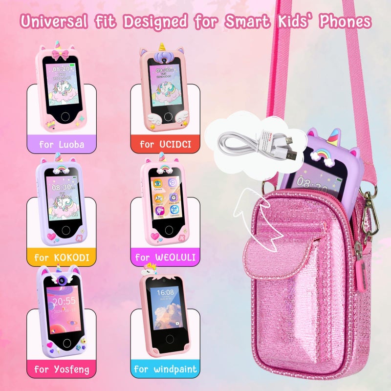 Tanmqin Kids Smart Phone for Girls Universal Bag for Luyiilo/for Luoba/for Yosfeng/for WEOLULI and More, Glitter Powder Bag with Removable Shoulder Strap Fits Toddler Phone/Data Cables/SD Cards - Pink - Image 4
