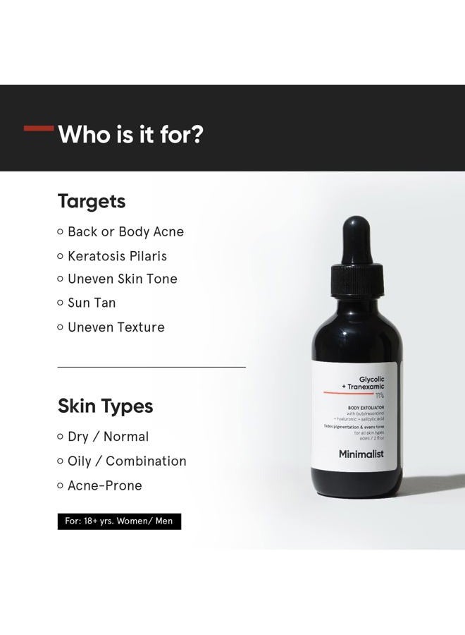 MINIMALIST مزيل البقع KP لالتهاب الجريبات الشعرية (جلد الفراولة/الساقين) | 11% حمض الجليكوليك وحمض الترانكساميك مقشر للجسم | يقلل من فرط التصبغ | للنساء والرجال | 2 أونصة سائلة / 60 مل - Image 3