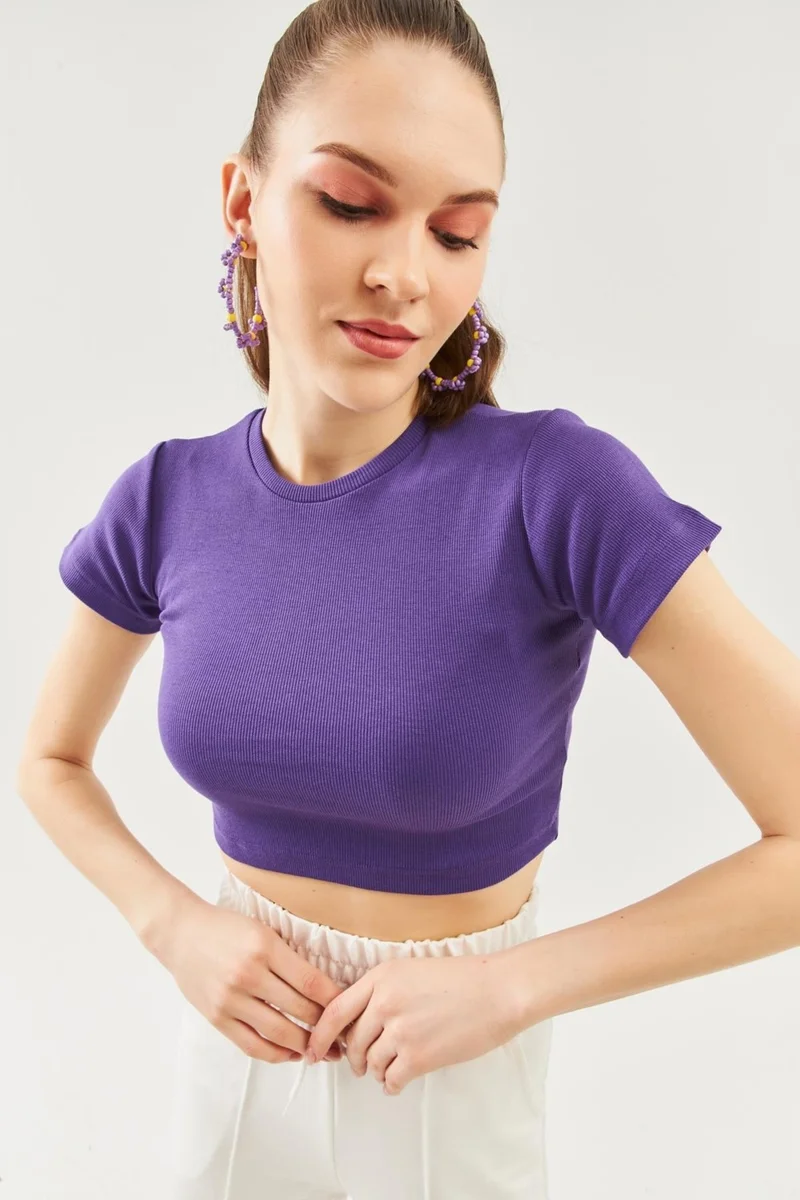 بوتيكجيز Purple Short Sleeve Crew Neck Fitted 100% Cotton Camisole Flexible Crop Blouse