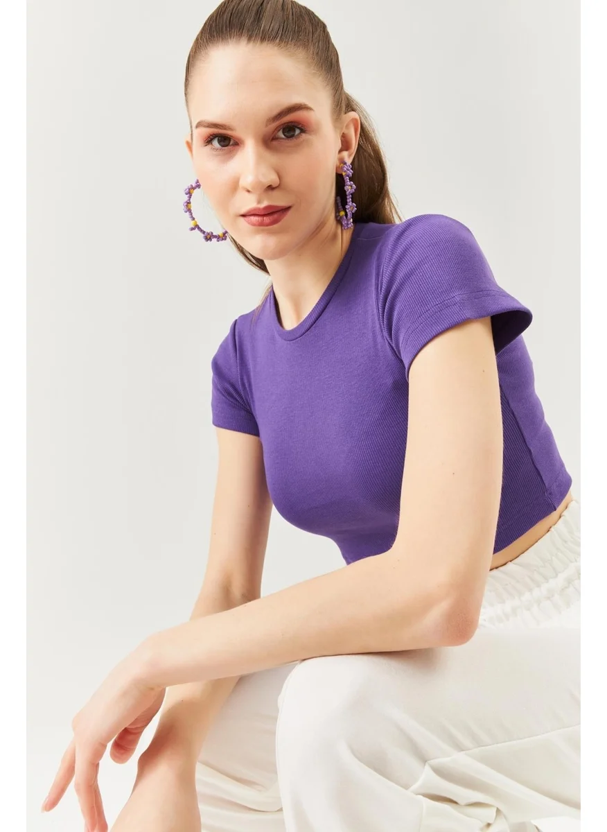 Butikgiz Purple Short Sleeve Crew Neck Fitted 100% Cotton Camisole Flexible Crop Blouse