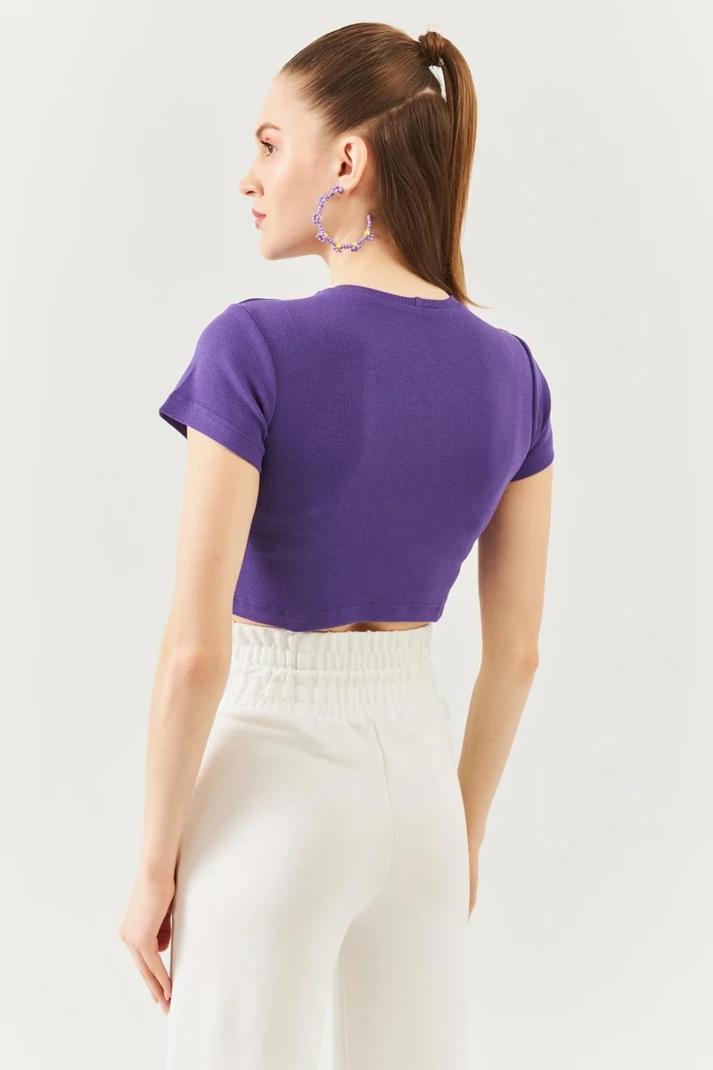 بوتيكجيز Purple Short Sleeve Crew Neck Fitted 100% Cotton Camisole Flexible Crop Blouse