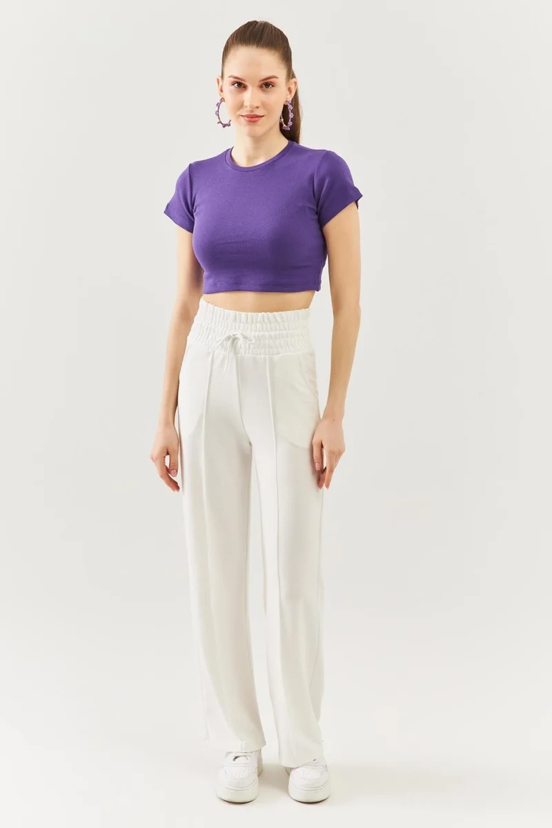 بوتيكجيز Purple Short Sleeve Crew Neck Fitted 100% Cotton Camisole Flexible Crop Blouse