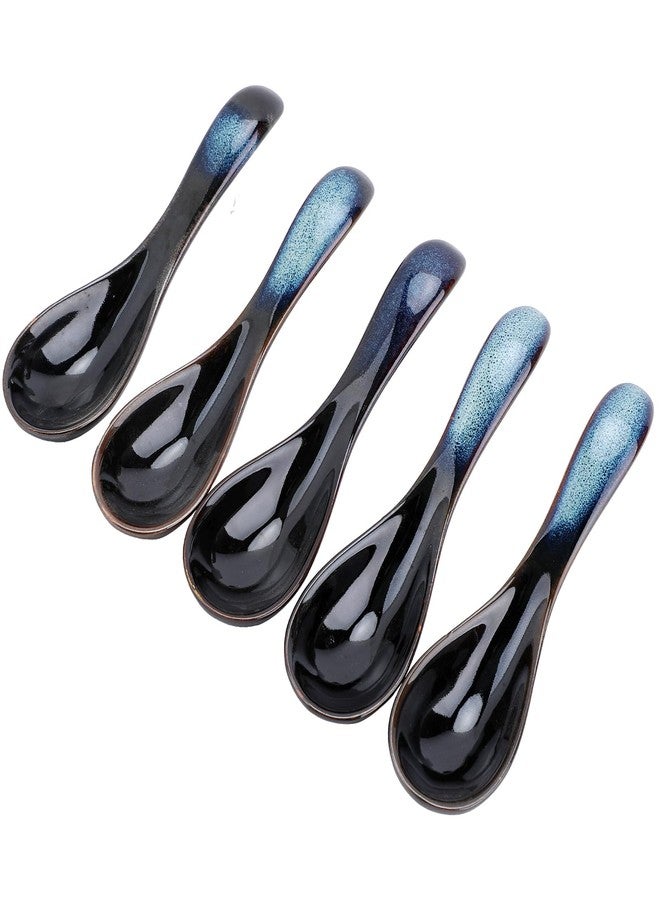 Gabrella 5 Pcs Asian Soup Spoon, Retro Blue Japanese Soup Spoon, 5.5 Inch Long Handle Chinese Ceramic Spoons Suitable for Ramen, Gravy, Oatmeal, Dumplings - Image 1