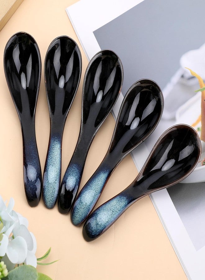 Gabrella 5 Pcs Asian Soup Spoon, Retro Blue Japanese Soup Spoon, 5.5 Inch Long Handle Chinese Ceramic Spoons Suitable for Ramen, Gravy, Oatmeal, Dumplings - Image 5