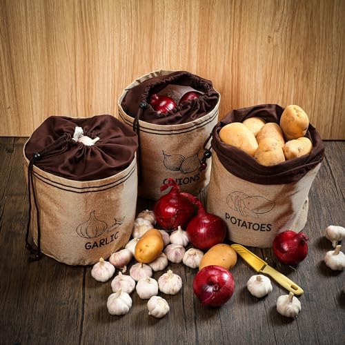 Wowangce 3 Pcs Potato Onion Garlic Storage Bag, Washable Vegetable Storage Bags with Blackout Lining Farmhouse Kitchen Potato Sacks Food Onion Garlic Container for Pantry(Classic,Barncloth) - Image 3