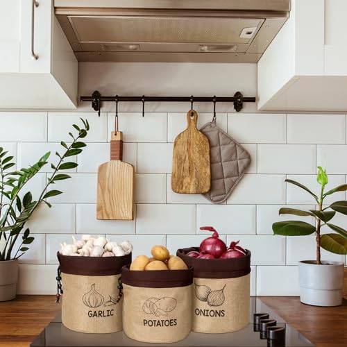 Wowangce 3 Pcs Potato Onion Garlic Storage Bag, Washable Vegetable Storage Bags with Blackout Lining Farmhouse Kitchen Potato Sacks Food Onion Garlic Container for Pantry(Classic,Barncloth) - Image 4