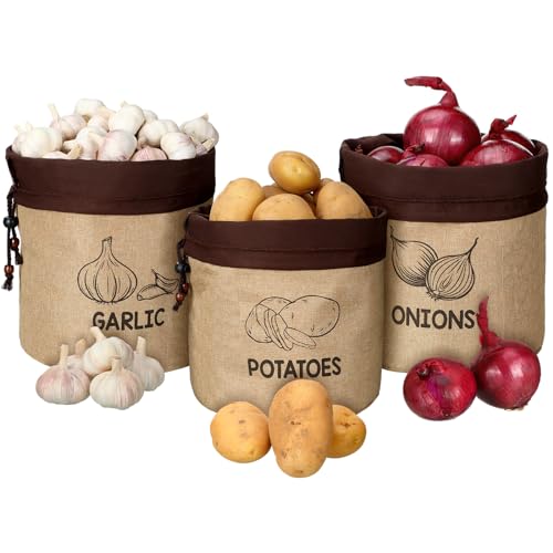 Wowangce 3 Pcs Potato Onion Garlic Storage Bag, Washable Vegetable Storage Bags with Blackout Lining Farmhouse Kitchen Potato Sacks Food Onion Garlic Container for Pantry(Classic,Barncloth) - Image 1