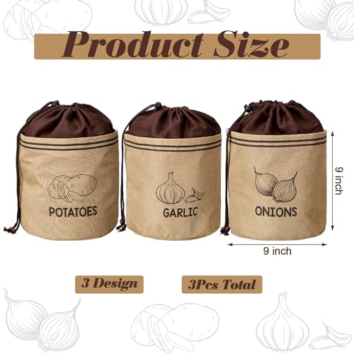 Wowangce 3 Pcs Potato Onion Garlic Storage Bag, Washable Vegetable Storage Bags with Blackout Lining Farmhouse Kitchen Potato Sacks Food Onion Garlic Container for Pantry(Classic,Barncloth) - Image 2
