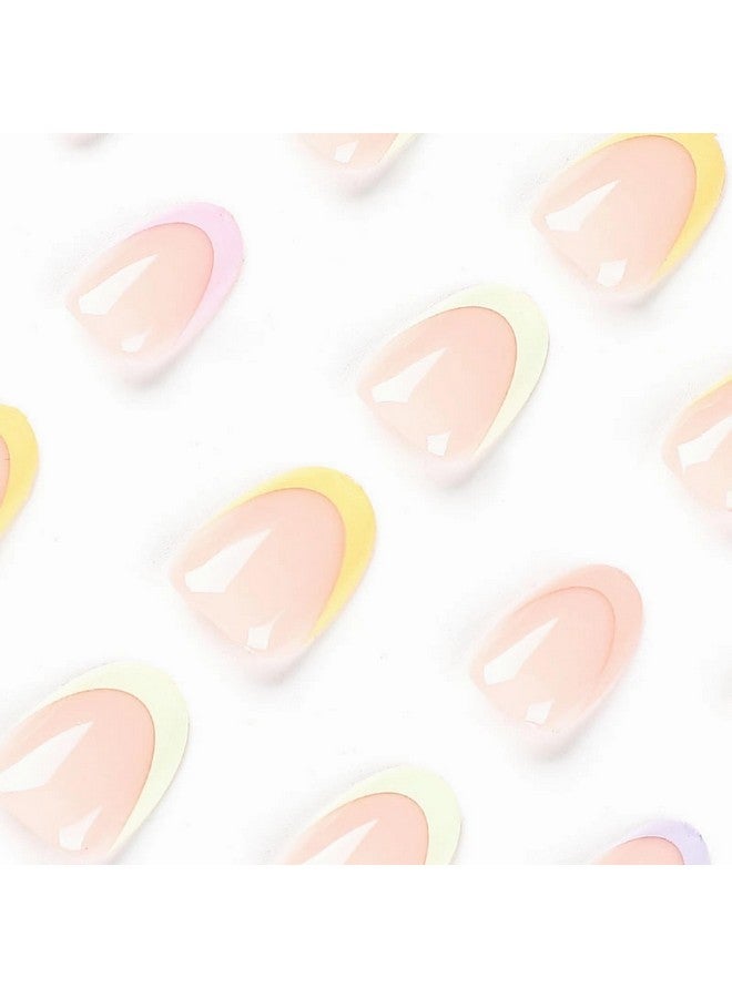 MISUD Short Round Press On Nails Oval Fake Nails Glossy Glue On Nails Colorful French Tip Acrylic Nails Summer Artificial Nails Rainbow Edge Stick On False Nails With Design 24 Pcs - Image 4