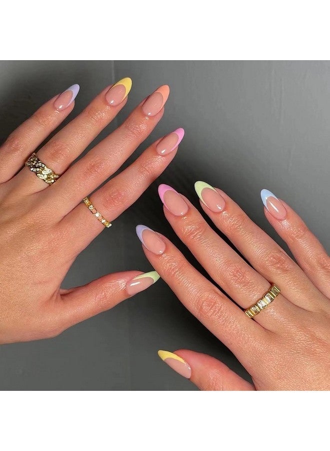 MISUD Short Round Press On Nails Oval Fake Nails Glossy Glue On Nails Colorful French Tip Acrylic Nails Summer Artificial Nails Rainbow Edge Stick On False Nails With Design 24 Pcs - Image 1