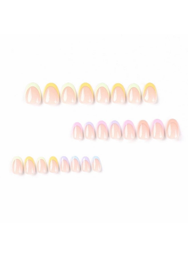 MISUD Short Round Press On Nails Oval Fake Nails Glossy Glue On Nails Colorful French Tip Acrylic Nails Summer Artificial Nails Rainbow Edge Stick On False Nails With Design 24 Pcs - Image 3