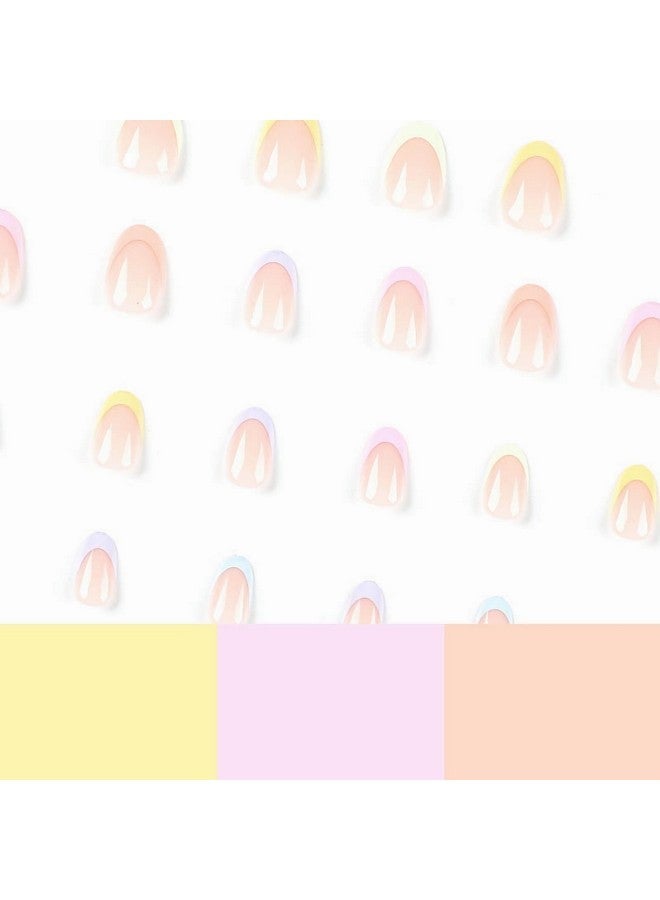 MISUD Short Round Press On Nails Oval Fake Nails Glossy Glue On Nails Colorful French Tip Acrylic Nails Summer Artificial Nails Rainbow Edge Stick On False Nails With Design 24 Pcs - Image 5