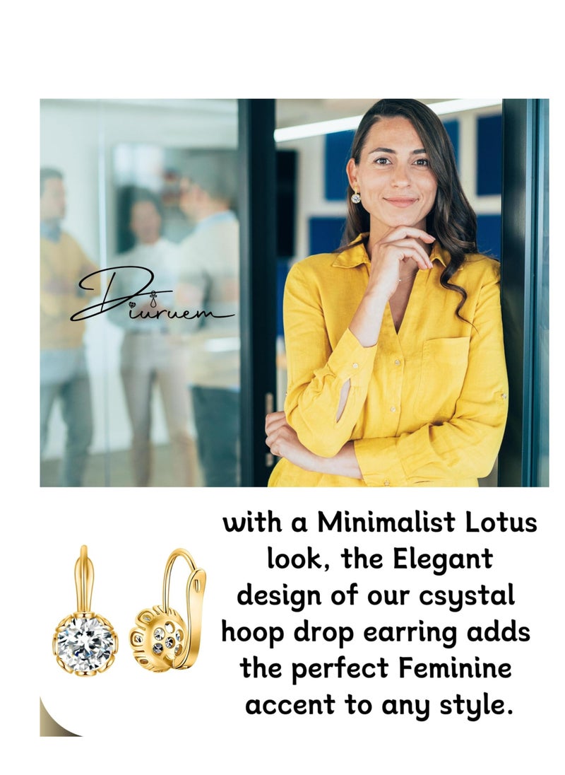Excefore - Diamond Pendant Earrings, Round Crystal Flower Leverback Drop Earrings, for Women 14k Gold Plated Sparkling Cubic Zirconia Elegant Diamond Dangle Earrings, Prong Setting Bridal Earrings (1 Pair) - Image 1