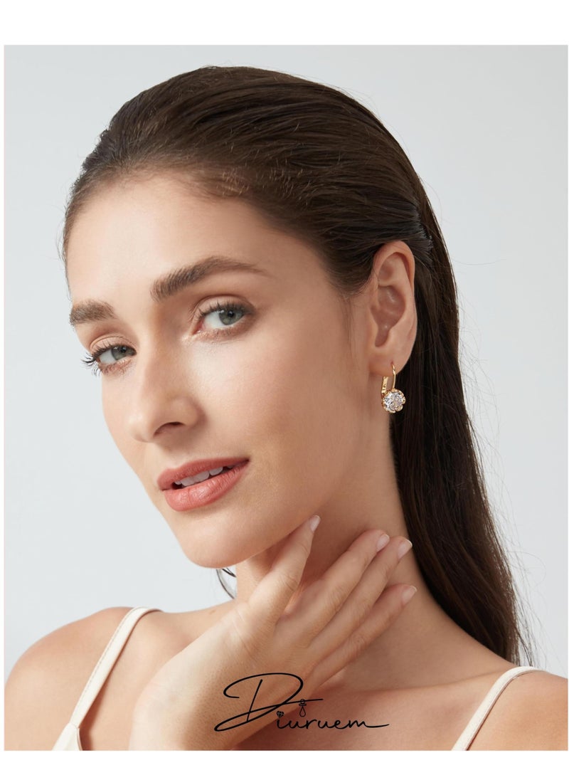 Excefore - Diamond Pendant Earrings, Round Crystal Flower Leverback Drop Earrings, for Women 14k Gold Plated Sparkling Cubic Zirconia Elegant Diamond Dangle Earrings, Prong Setting Bridal Earrings (1 Pair) - Image 1