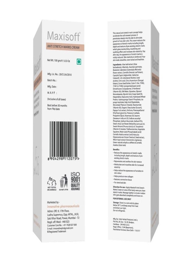 Maxisoft Anti Stretch Marks Cream 100 gm | With Hyaluronic Acid, Gotu Kola, Caffeine & Vitamin B3, B5 & E | natural stretch mark remover Paraben & Mineral Oil Free Cream (Pack of 1 X 100 gm) - Image 2