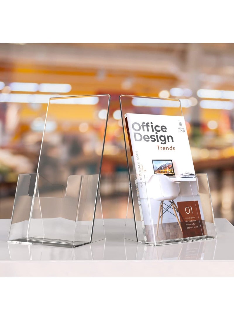 Acrylic Brochure Holder 4 Inch - Clear Plastic Countertop Literature Display Stand for Pamphlets, Booklets, Magazines, Menus - Trifold Holder - 2 Pack