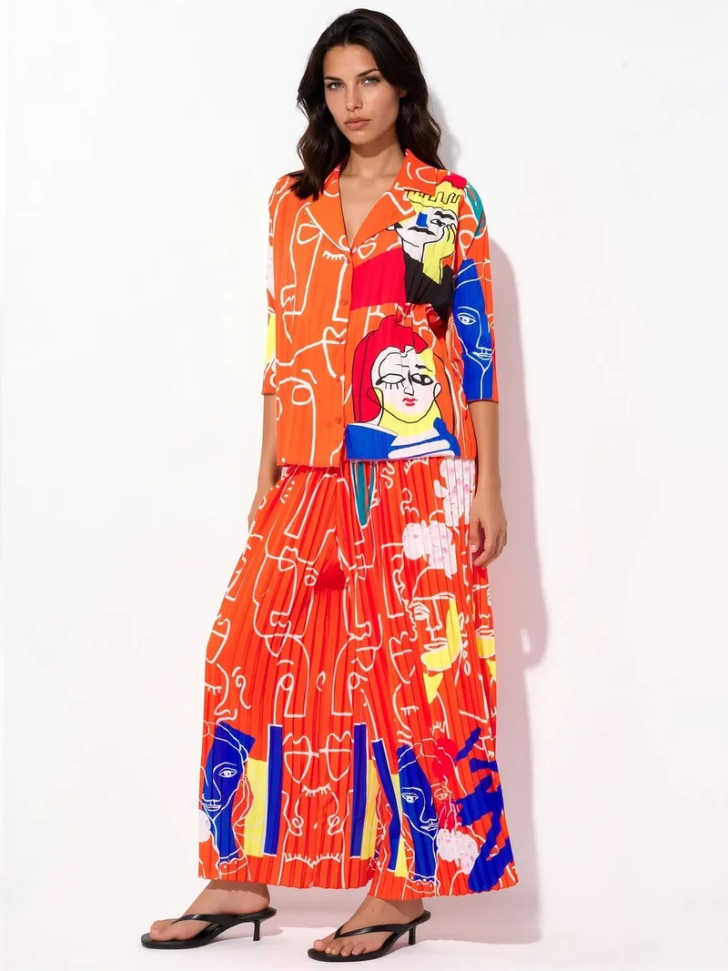 جينيفر Abstract Print Shirt And Wide-Leg Pants Set