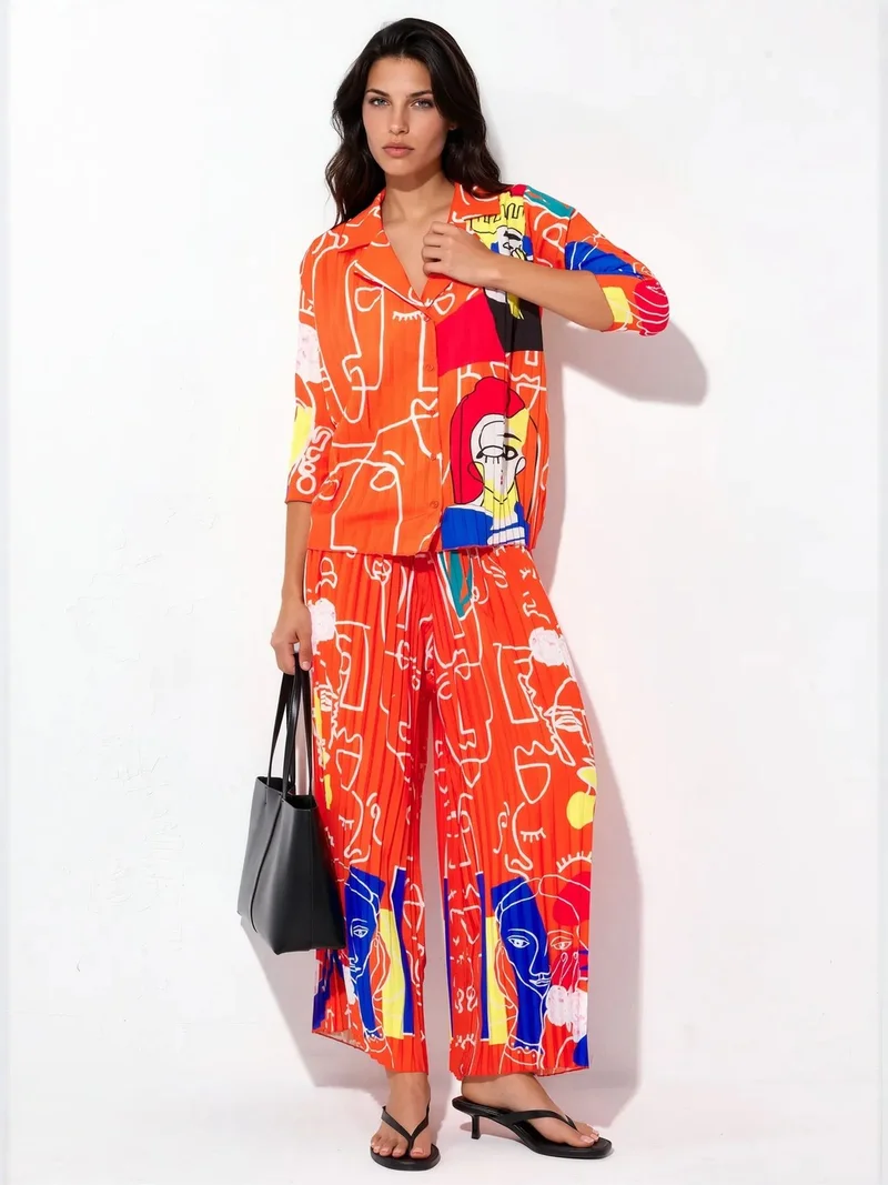 جينيفر Abstract Print Shirt And Wide-Leg Pants Set