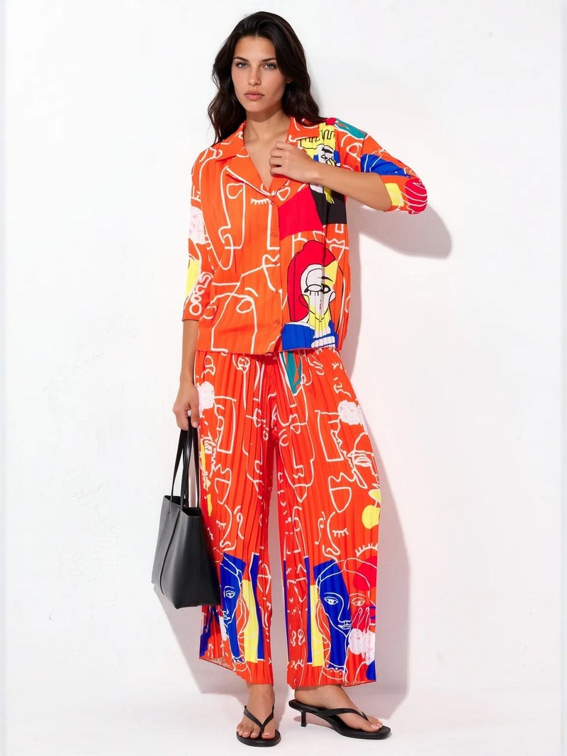 Jennyfer Abstract Print Shirt And Wide-Leg Pants Set - Image 1
